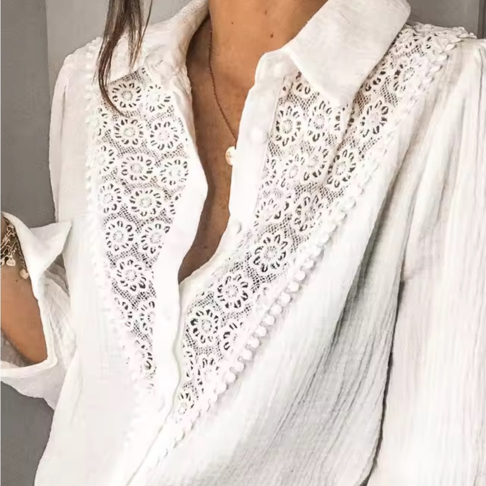 New Womens Crochet Lace Button Front White Cotton Blouse Top Career Gauzy